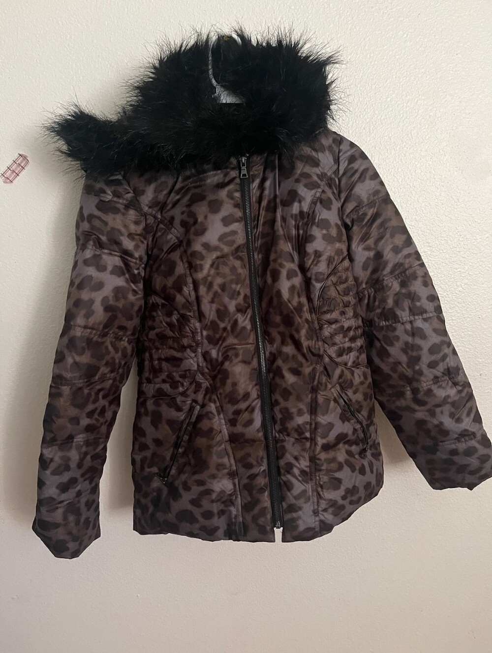 Y2k Moda International Brown Leopard Puffer Jacket with Black Faux Fur Hood